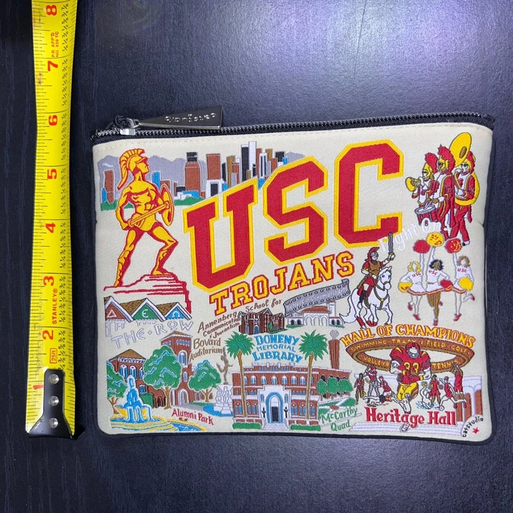 NWT Catstudio USC Trojans Collegiate Zipper Pouch Woven Canvas Makeup Bag Cream